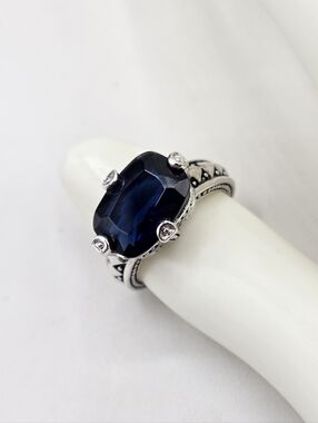 Swarovski Crystal Elements Silver Statement Ring Dark Blue Sapphire Size 7